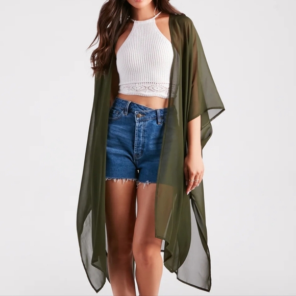 Windsor, "Arrived In Style," Chiffon Sheer Kimono, Olive, EUC, S, 39" L x 43" W - Picture 1 of 6